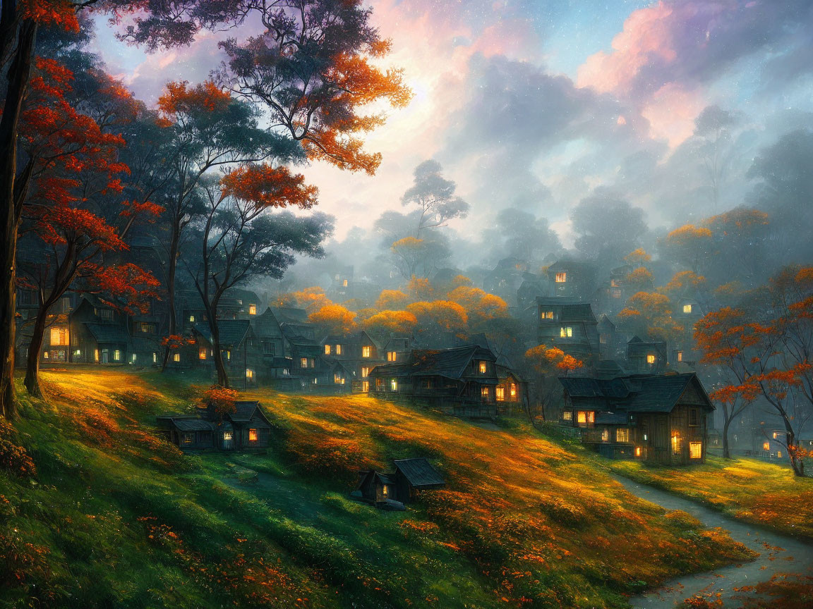 Autumn village scene with warm sunset glow and cozy lit windows