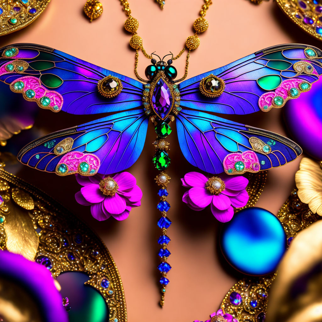 Colorful jewel-encrusted butterfly on pink background with gold details