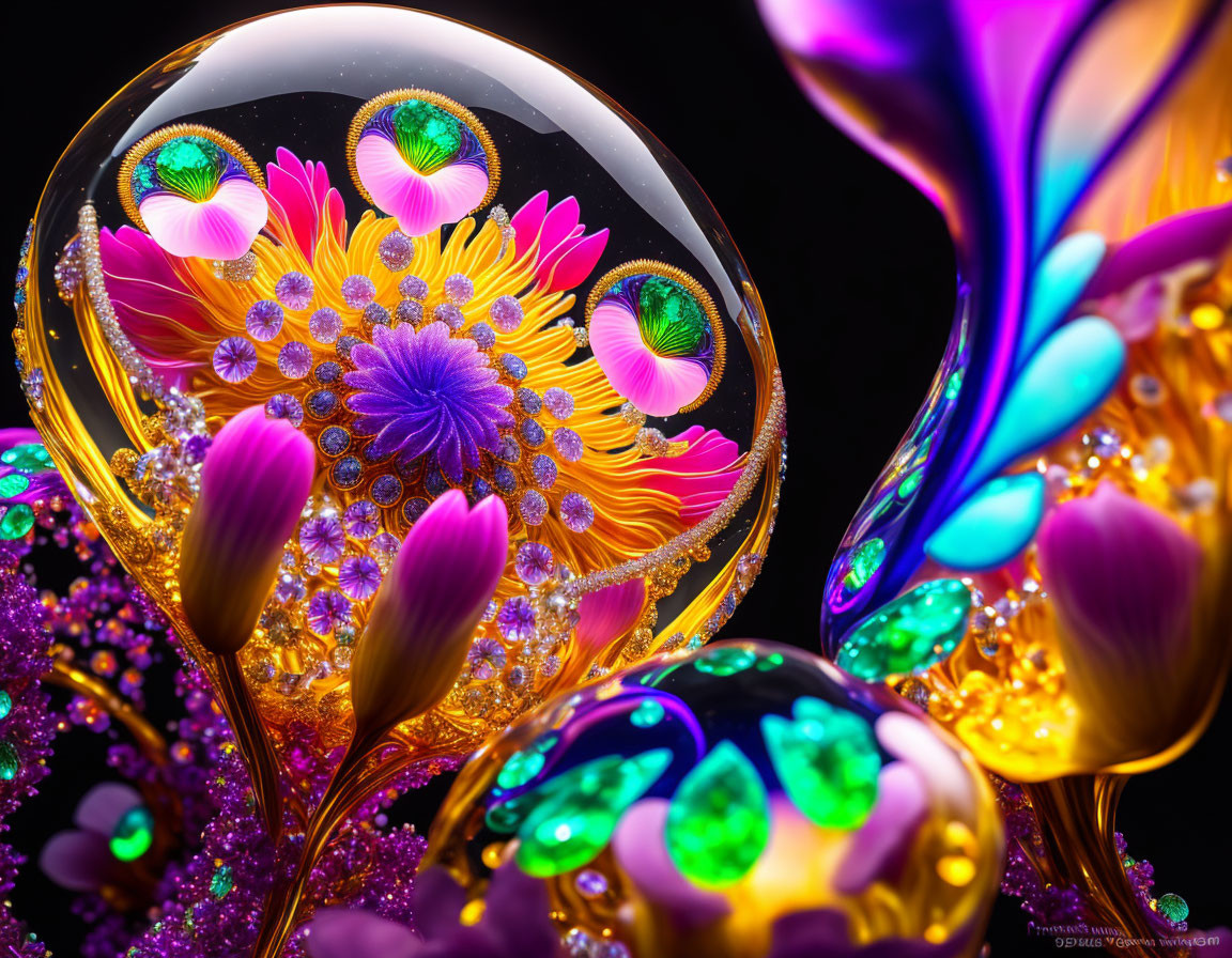 Colorful Glass Paperweights with Floral and Eye Patterns on Black Background