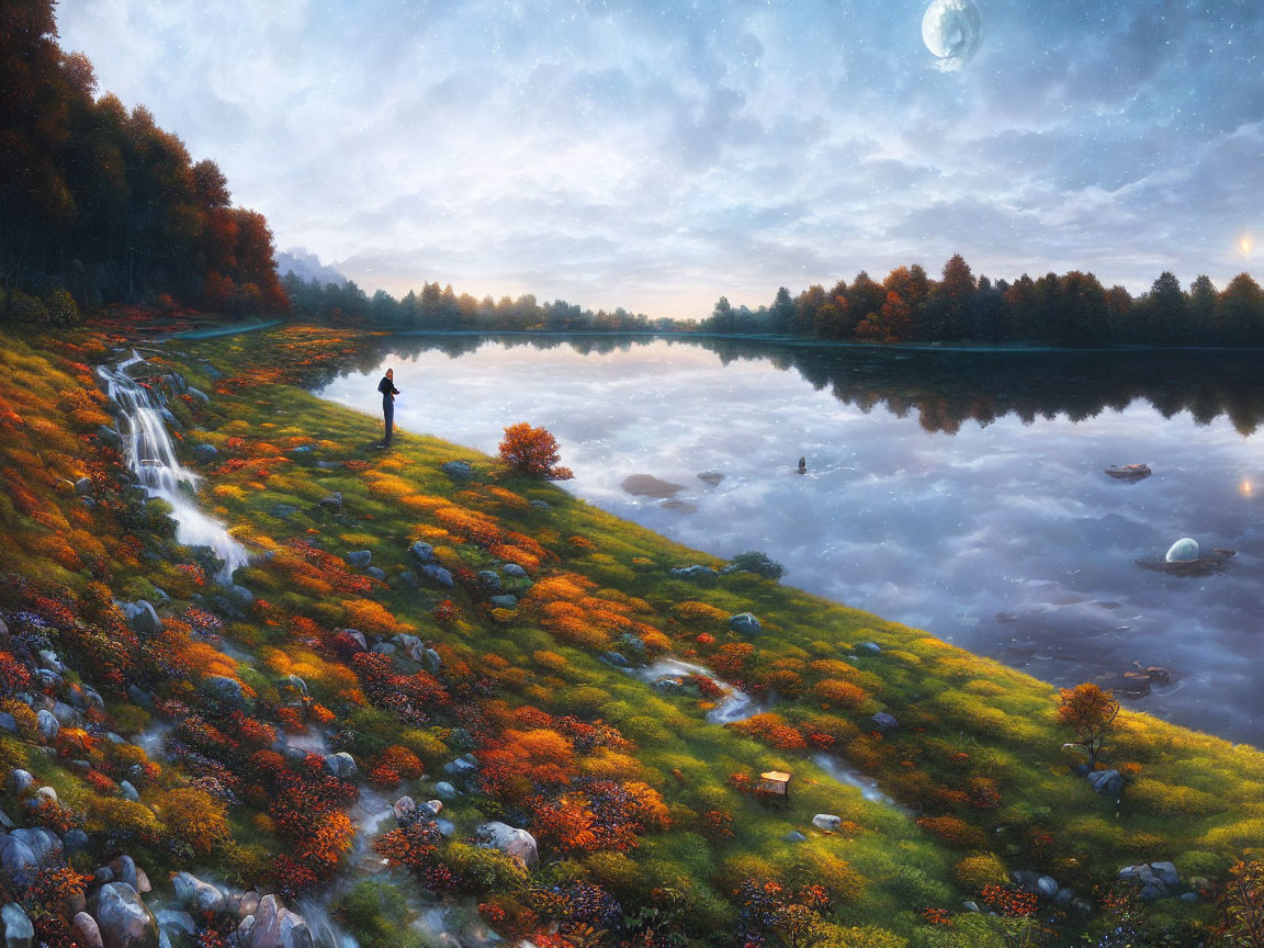 Autumnal landscape with person by tranquil lake at dusk