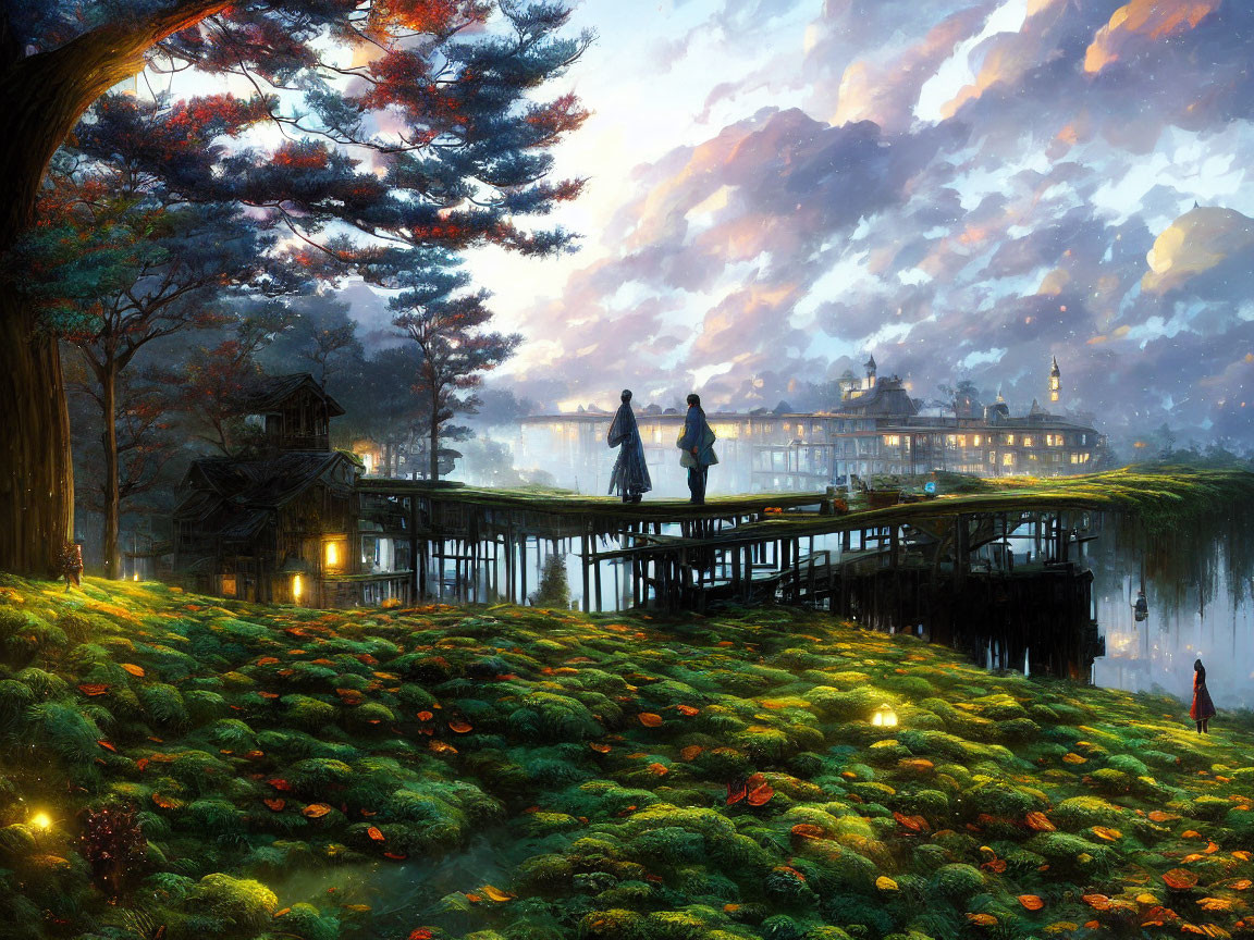 Tranquil landscape with two individuals on wooden bridge