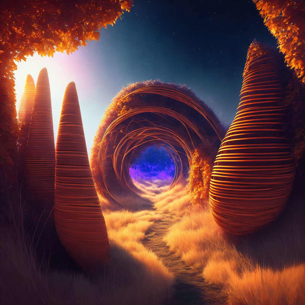 Fantasy landscape with glowing portal, spiral trees, and starlit sky