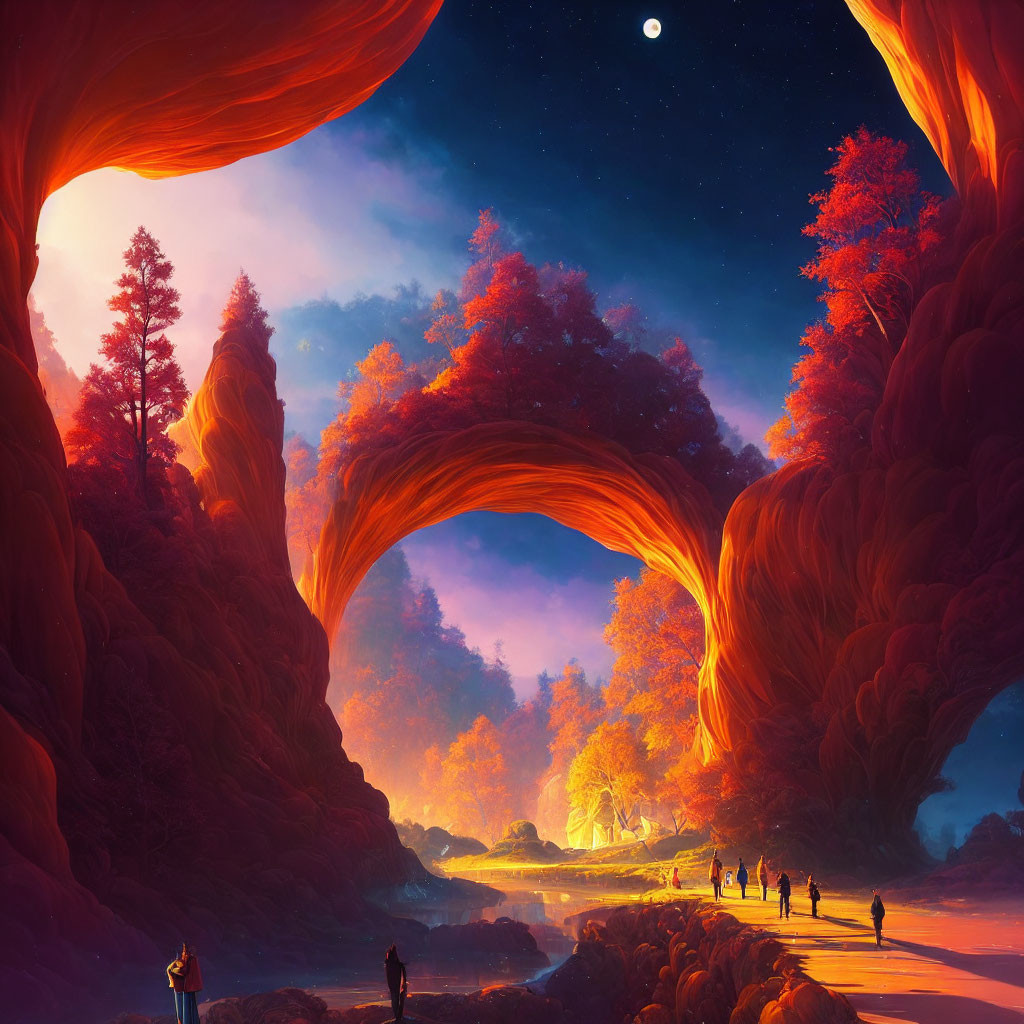 People walking under red-orange cliffs and a crescent moon in a natural archway