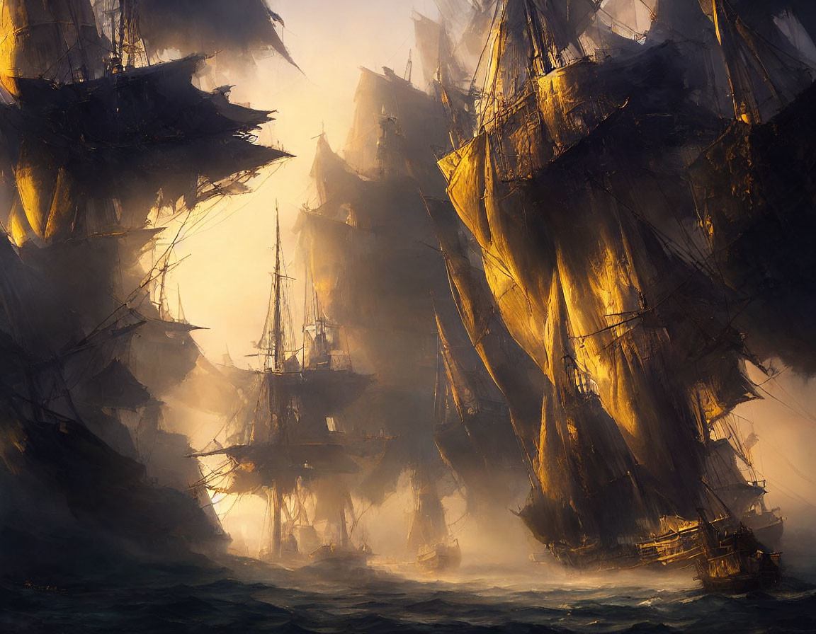 Majestic tall ships with billowing sails in golden mist at sea