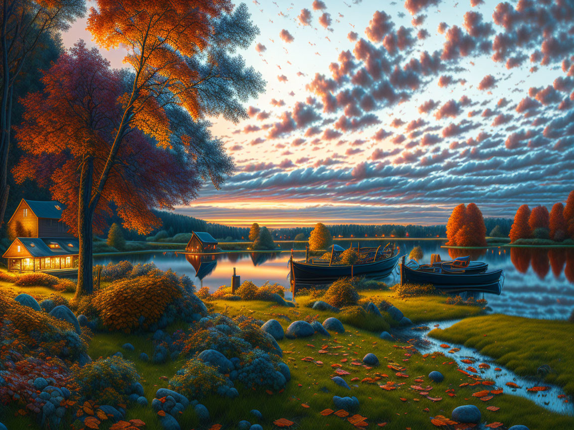 Scenic lakeside sunset with boats, cabin, and autumn trees reflected in water