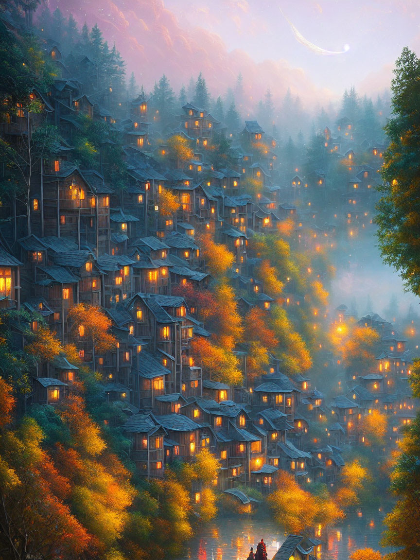 Terraced village in forested hillside at twilight