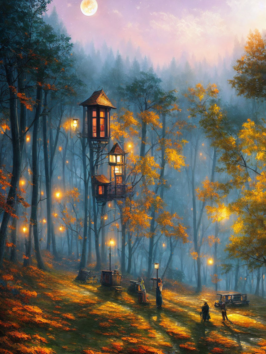 Enchanting forest scene at dusk with illuminated tower and glowing lanterns