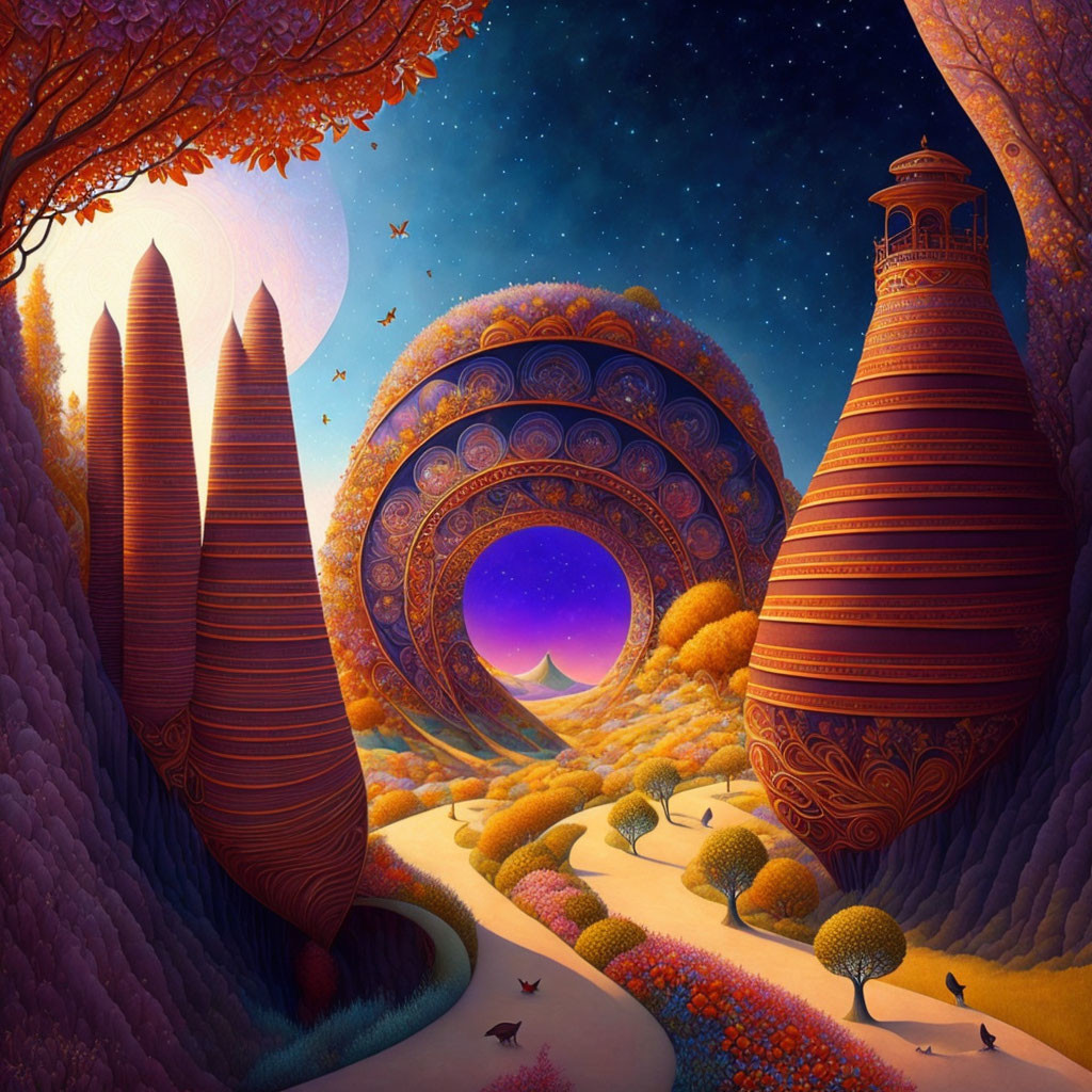 Fantasy landscape with whimsical trees, path, portal, starry sky, and towers.