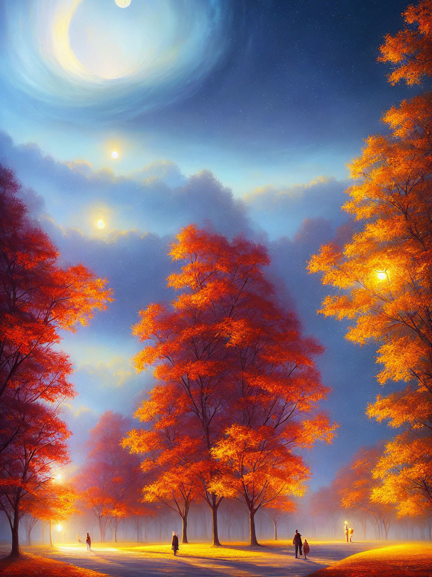 Vibrant autumnal digital art with celestial night sky & illuminated streetlights