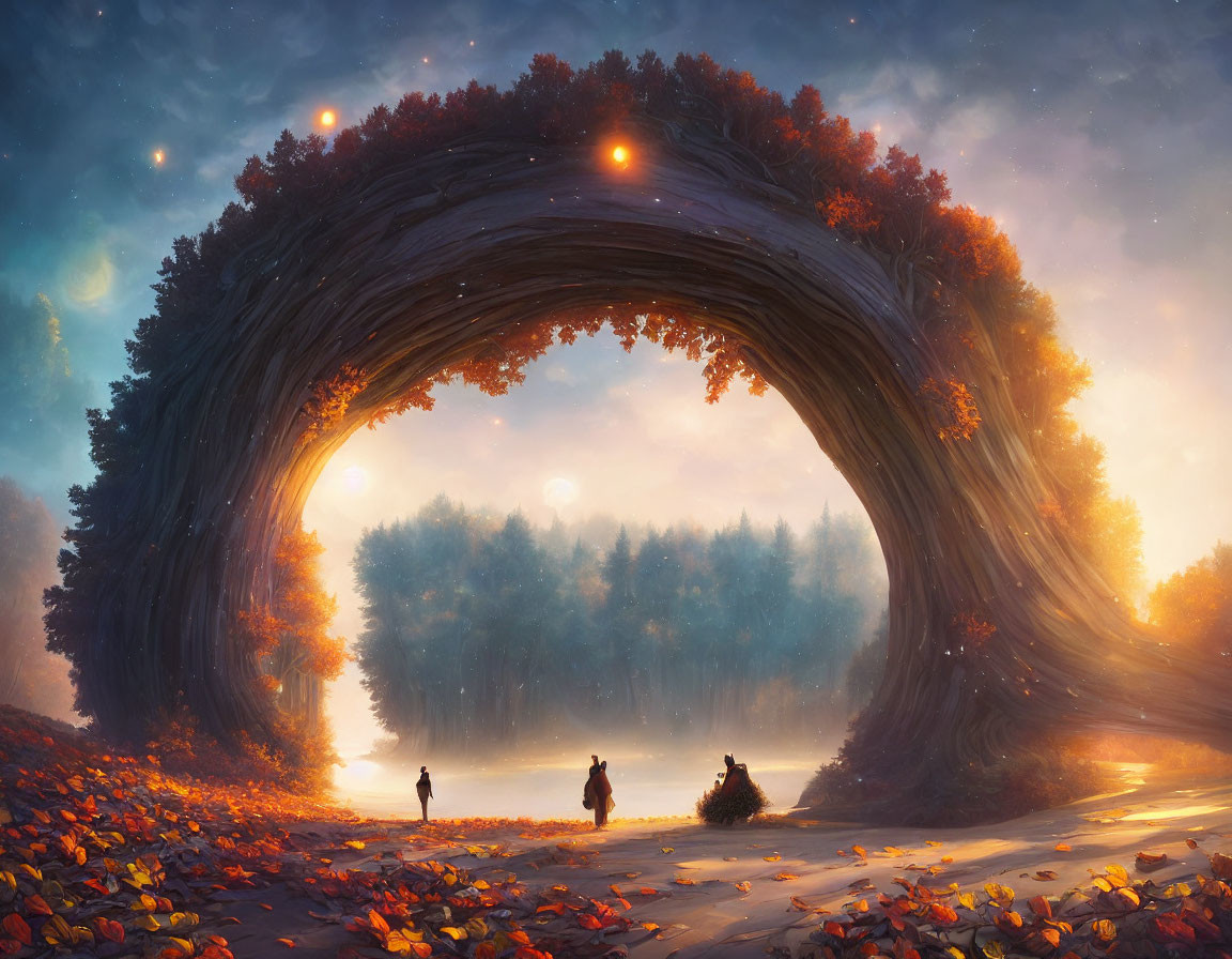 Enormous tree archway with three figures walking in magical light