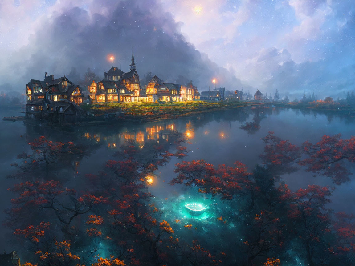 Twilight lakeside village with illuminated houses and autumn trees