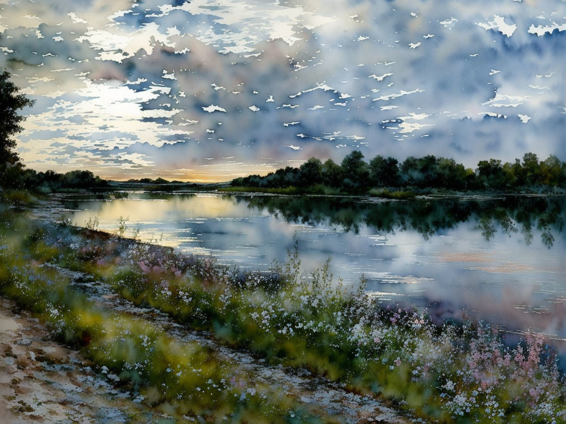 Tranquil watercolor landscape of serene river at dawn/dusk with tree reflections, soft cloudy sky