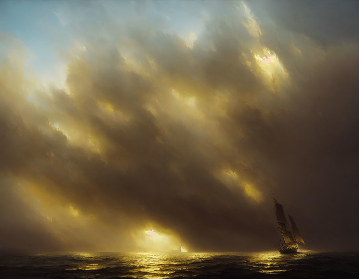 Sailboat navigating stormy sea under dramatic sky