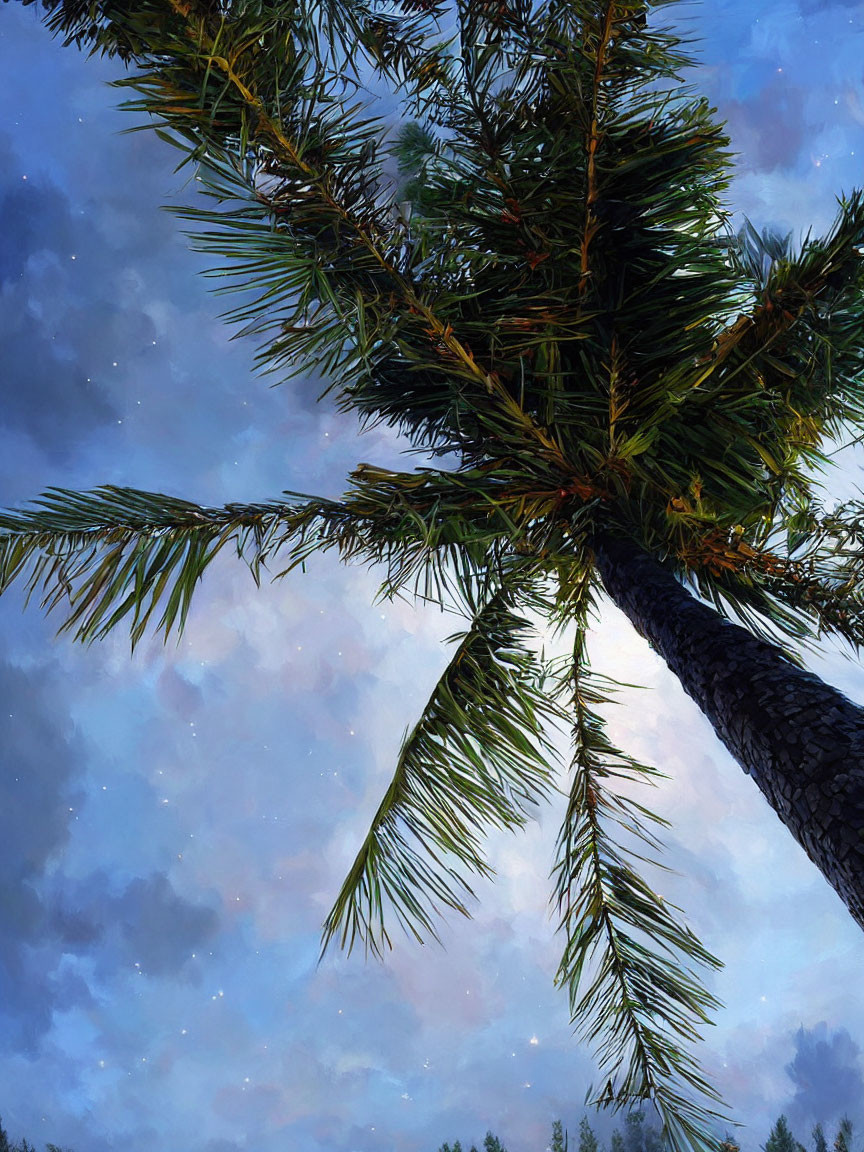 Pine tree against twilight sky with soft clouds