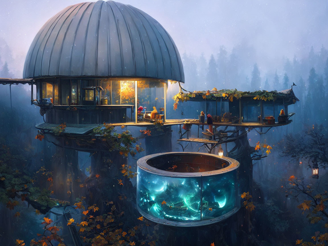 Fantastical treehouse with dome roof and glowing orb in misty twilight forest