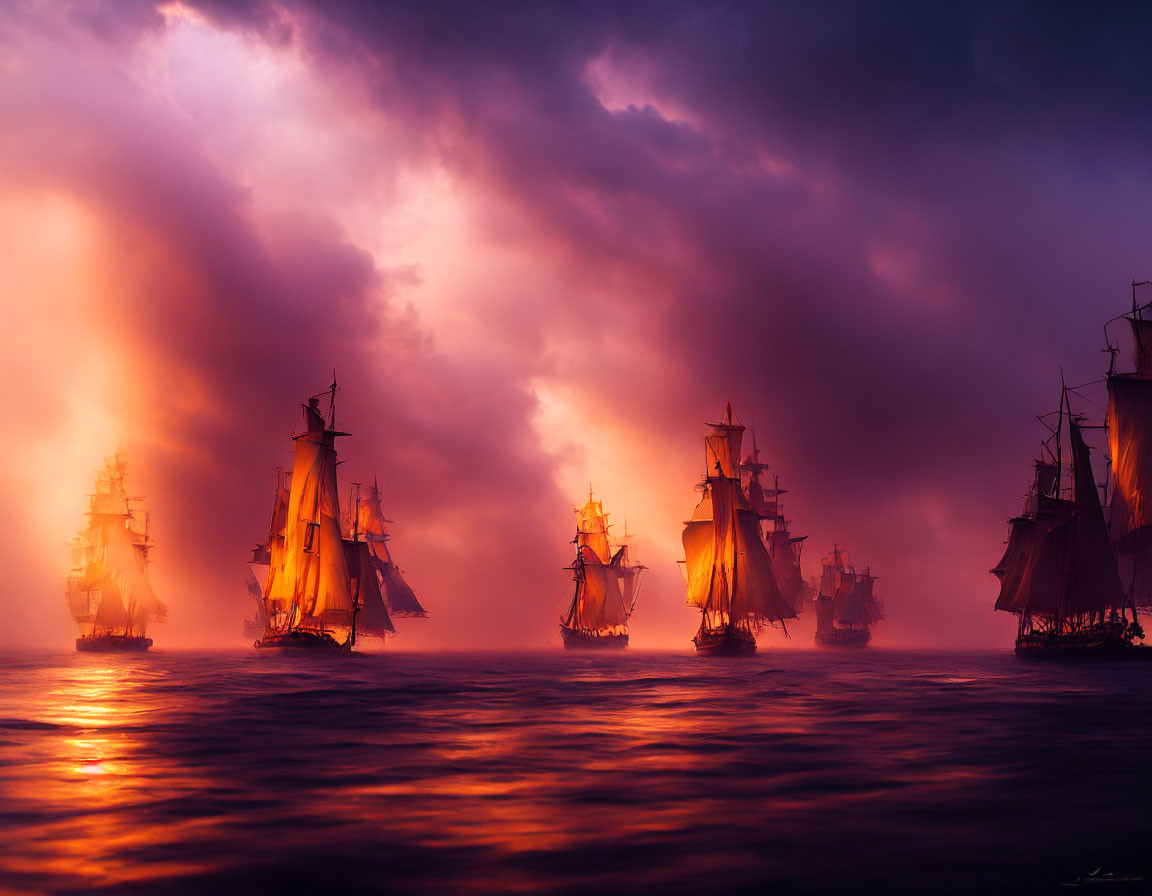 Tall Ships Sailing at Twilight on Purple and Orange Sky