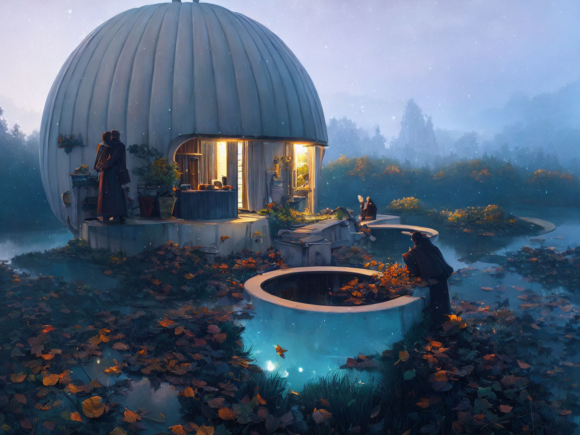 Twilight scene with domed structure, water, foliage, glowing fish, and tranquil ambiance