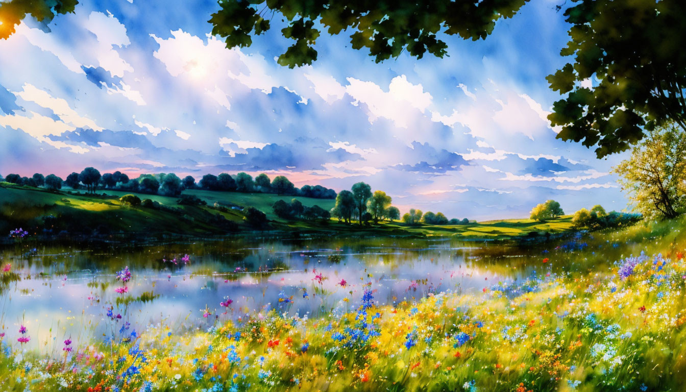 Serene lake landscape with wildflowers, rolling hills, and colorful sunset sky