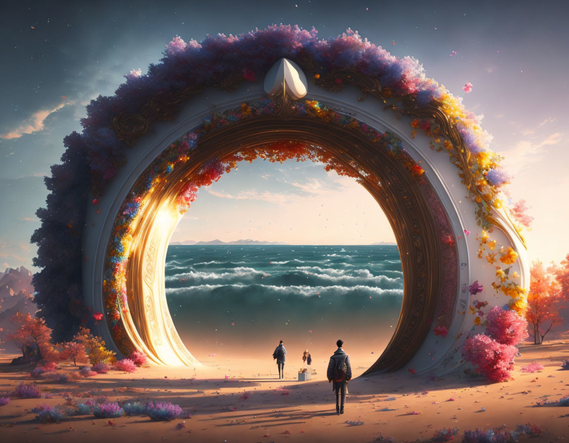 Three individuals at ornate ring portal with ocean view and sunset sky