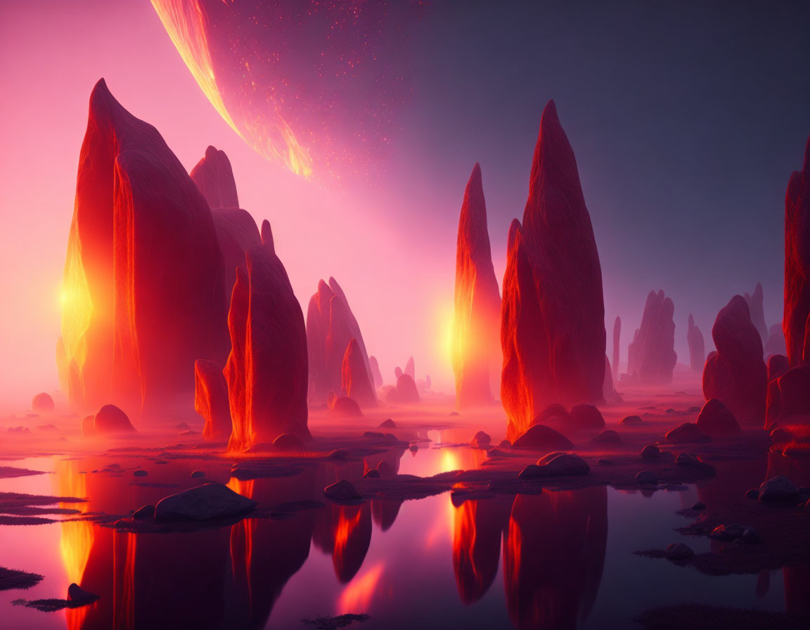 Surreal landscape with towering rock spires, reflective water, massive planet, and pink nebula