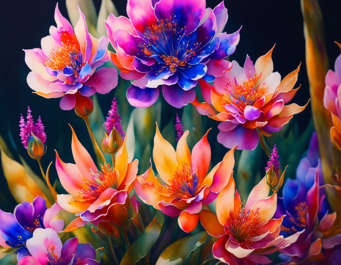 Colorful Layered Petal Flowers with Prominent Stamens on Dark Background