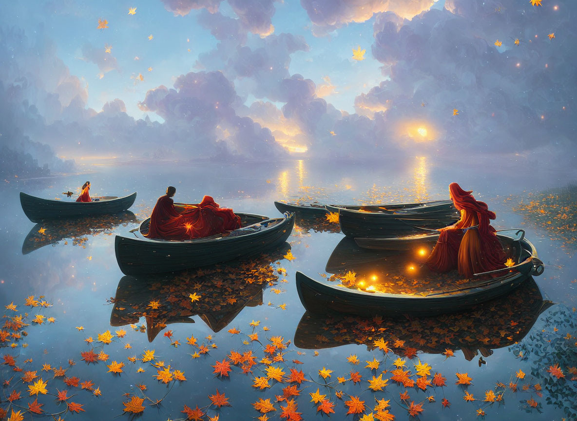 Four individuals in red robes on serene lake at sunset