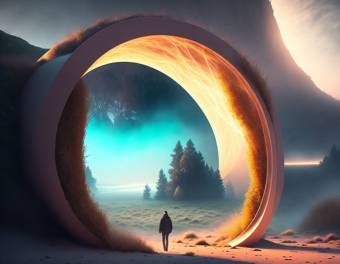 Person gazes at glowing ring portal in mystical landscape