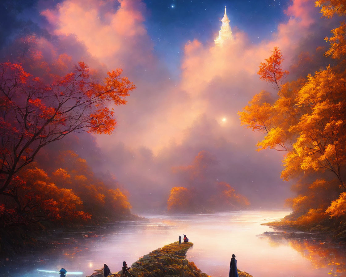 Ethereal tower and autumnal landscape under starry sky