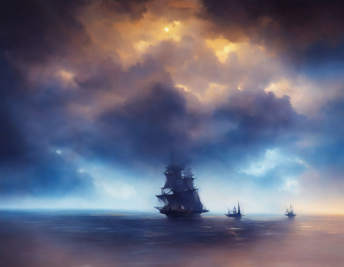 Three sailing ships on calm waters under moody sky