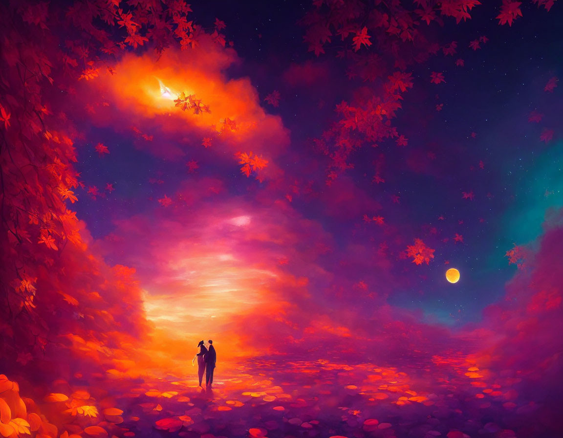 Couple holding hands under vibrant sunset with autumn leaves and crescent moon