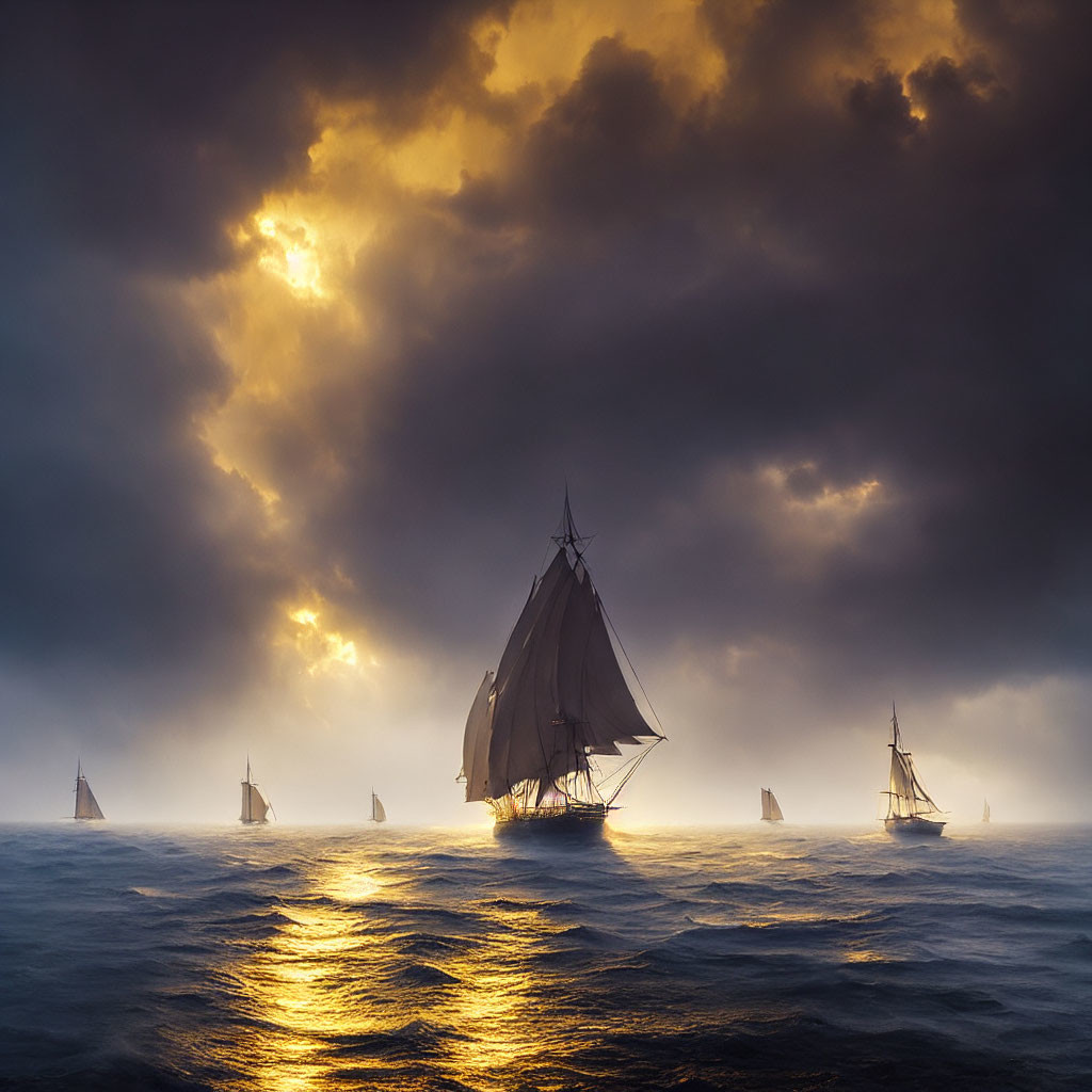 Misty sea with sailing ships under golden sunbeams