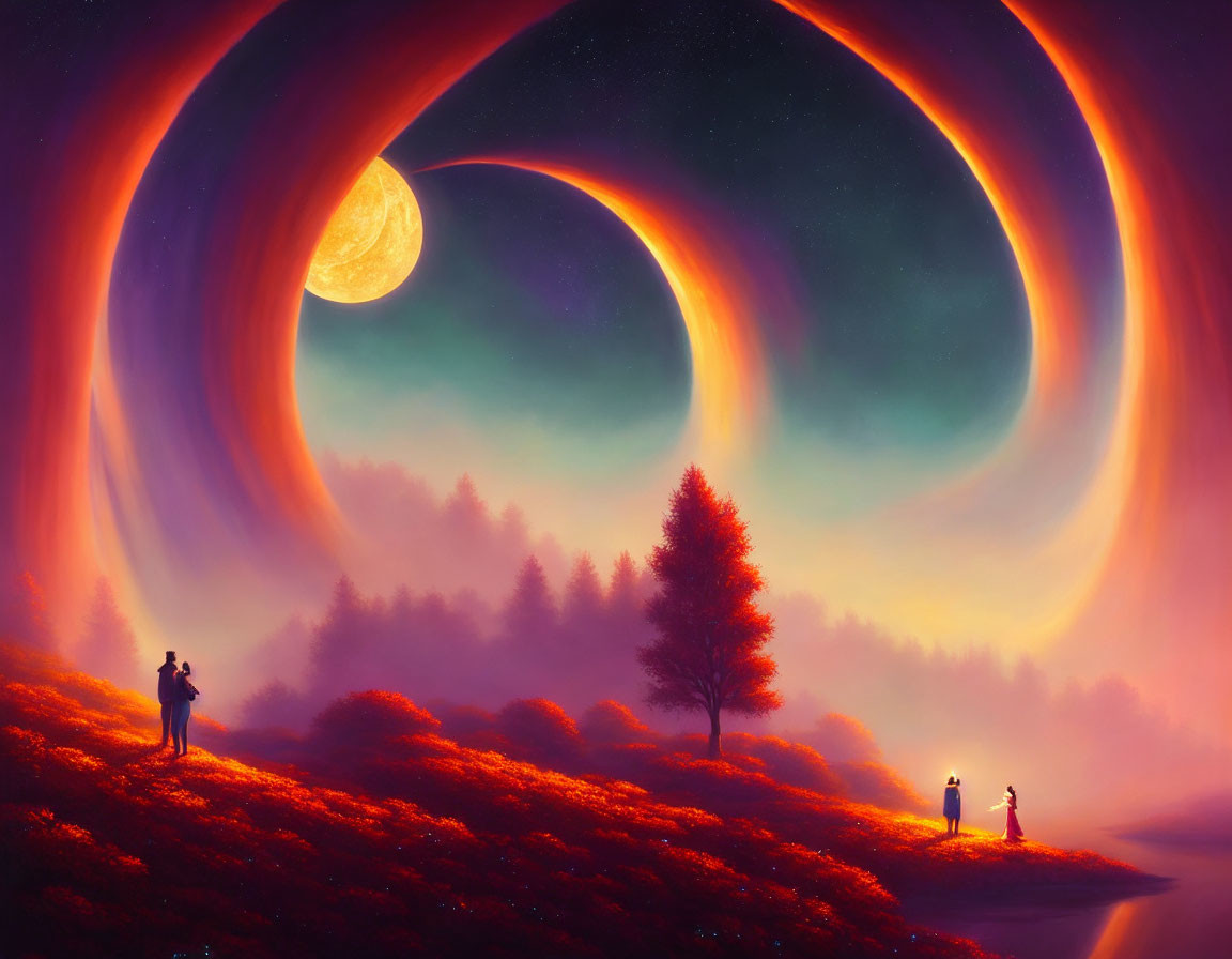 Fantasy landscape with couple under swirling rings and golden moon