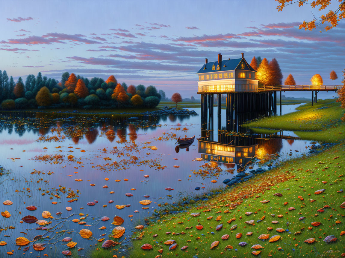 Tranquil lake scene with stilt house, autumn leaves, boat, and fall trees