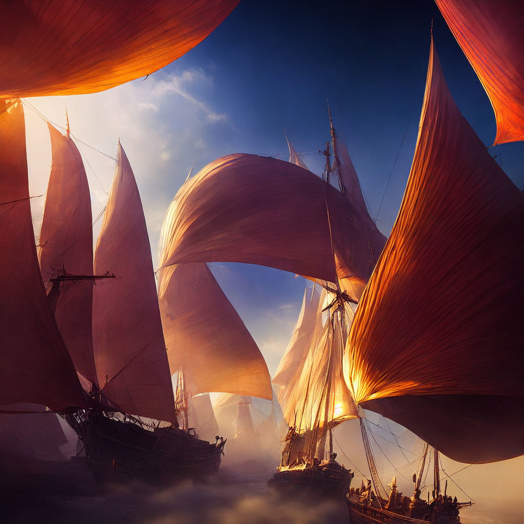 Sailing ships with billowing red sails on misty golden-lit sea