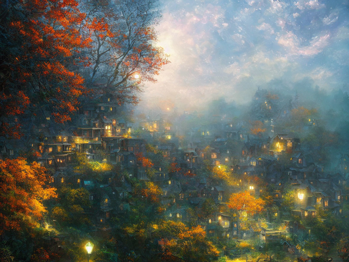 Autumn village scene with illuminated windows and misty twilight sky