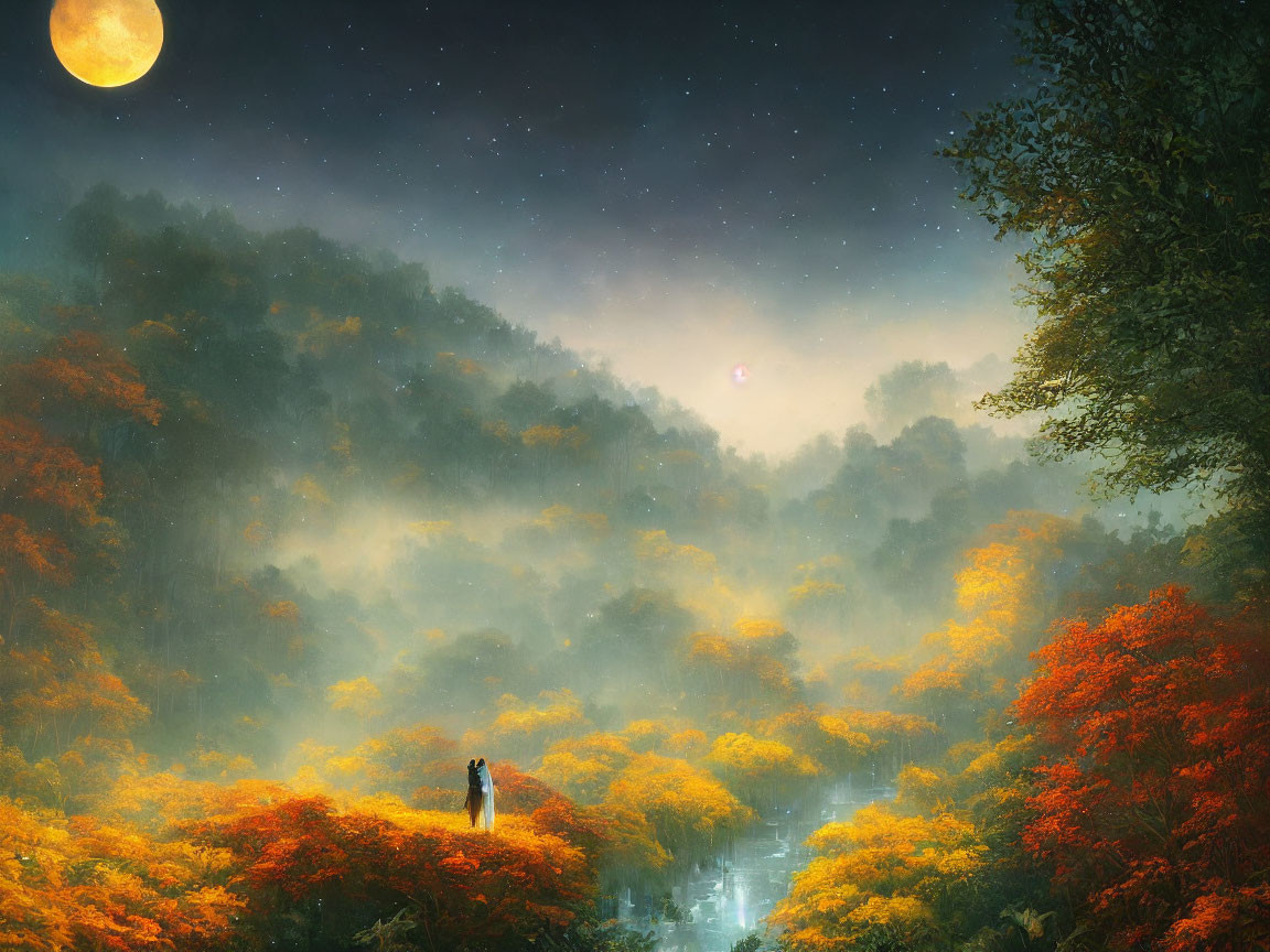 Person in Vibrant Autumn Forest at Dusk with Full Moon