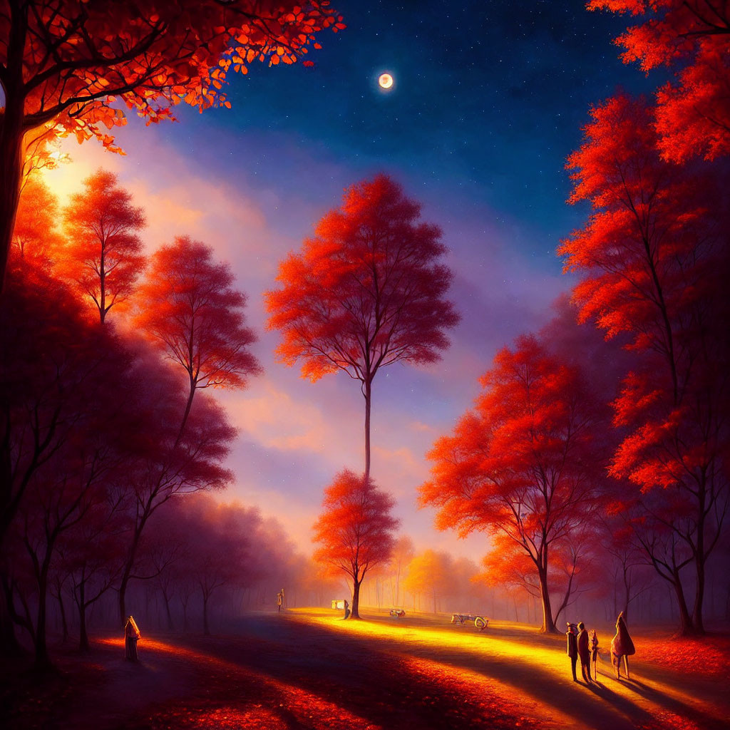 Enchanting autumn forest scene with people and dog under crescent moon