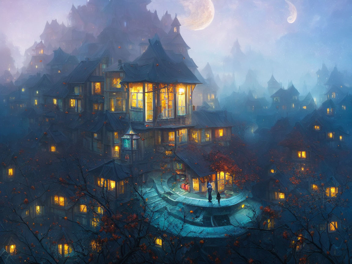 Traditional houses in mystical village at dusk with moonlit mountains