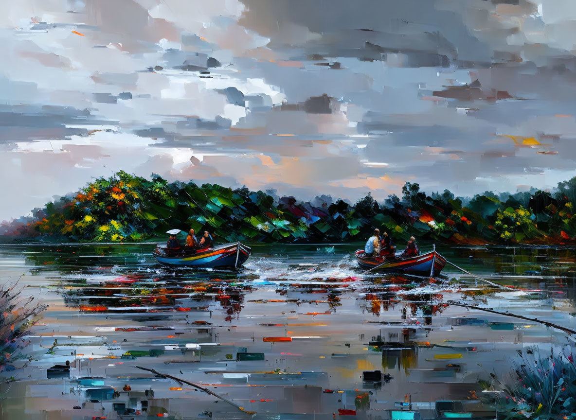 Impressionist painting of boats on reflective water, people, colorful foliage, dynamic sky