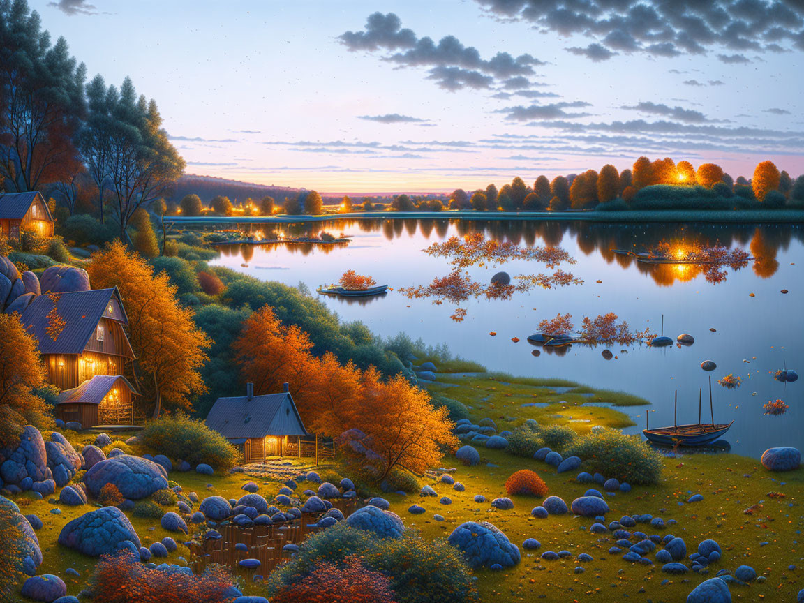 Peaceful Lakeside Evening with Illuminated Houses, Boat, and Grazing Sheep