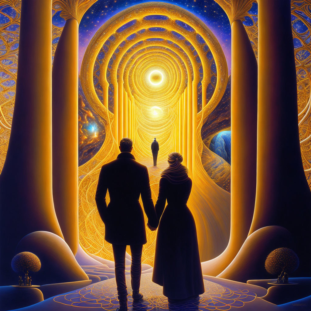 Couple before surreal cosmic archway with celestial patterns