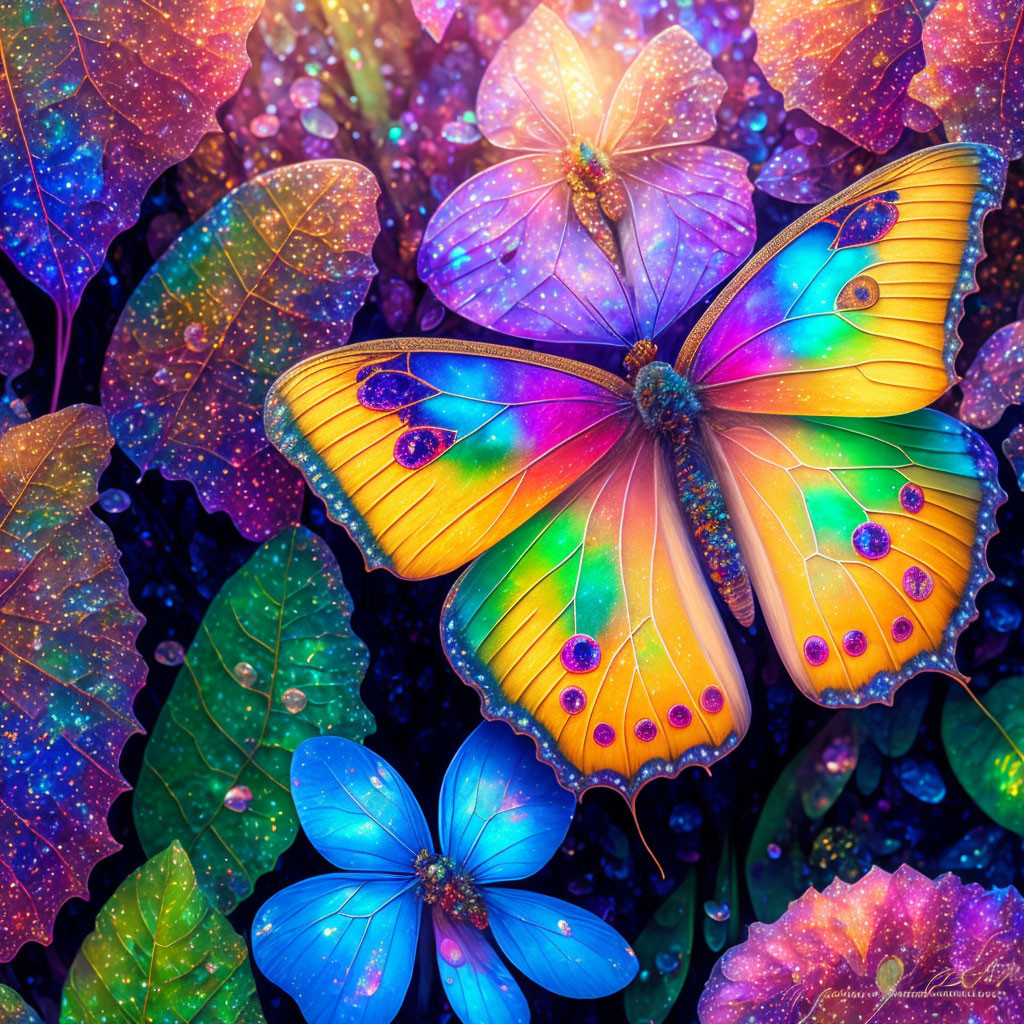 Colorful Butterfly Resting on Multicolored Leaves with Sparkling Droplets