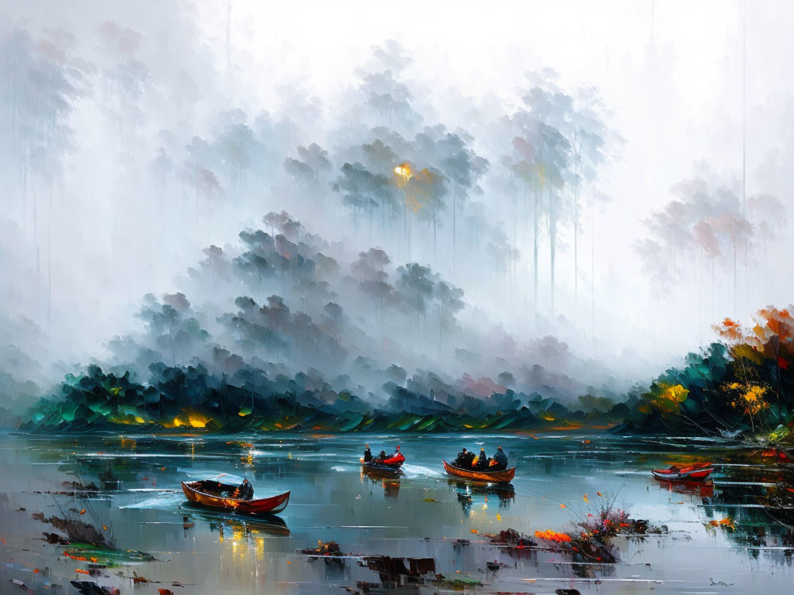 Tranquil river scene with impressionistic boats and misty trees