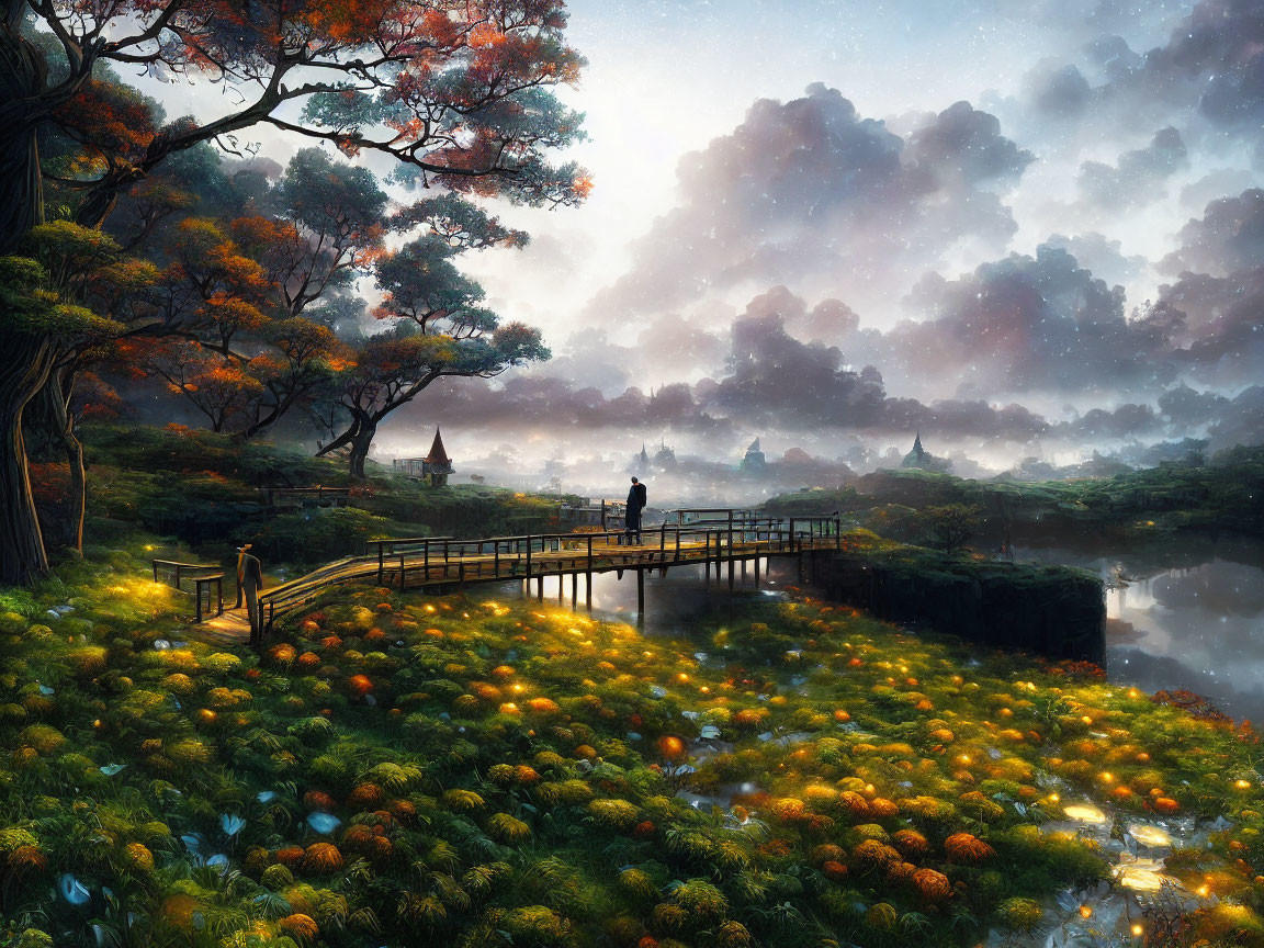 Person on Wooden Bridge Overlooking Reflective Pond in Lush Greenery