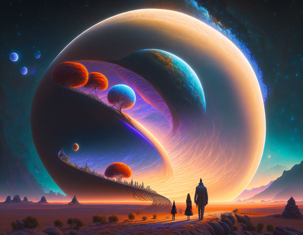 Family observing surreal sci-fi landscape with colossal planets, moons, cosmic patterns.