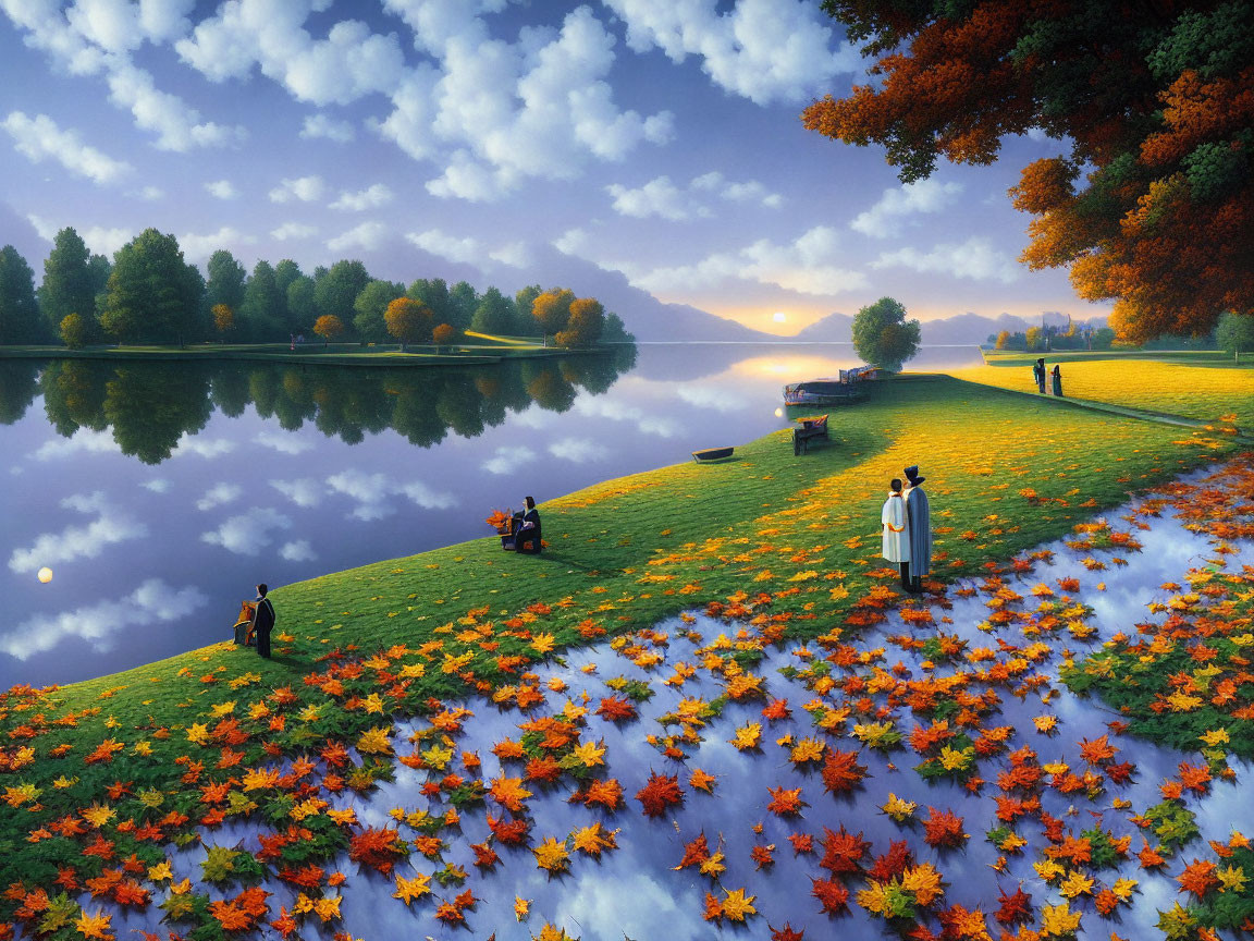 Tranquil autumn landscape with reflective lake, fallen leaves, leisurely people, and sunset.