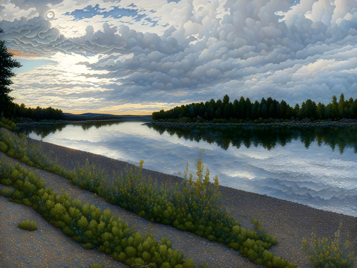 Serene river landscape with dramatic clouds and lush greenery