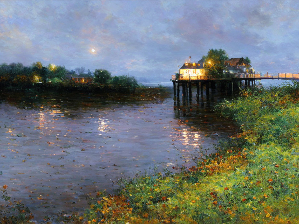 Twilight scene: house on stilts by calm river with lit windows, greenery, hazy