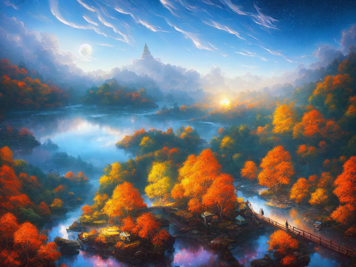 Fiery orange trees, tranquil lake, bridge, dusk sky, moon - Autumnal landscape scene