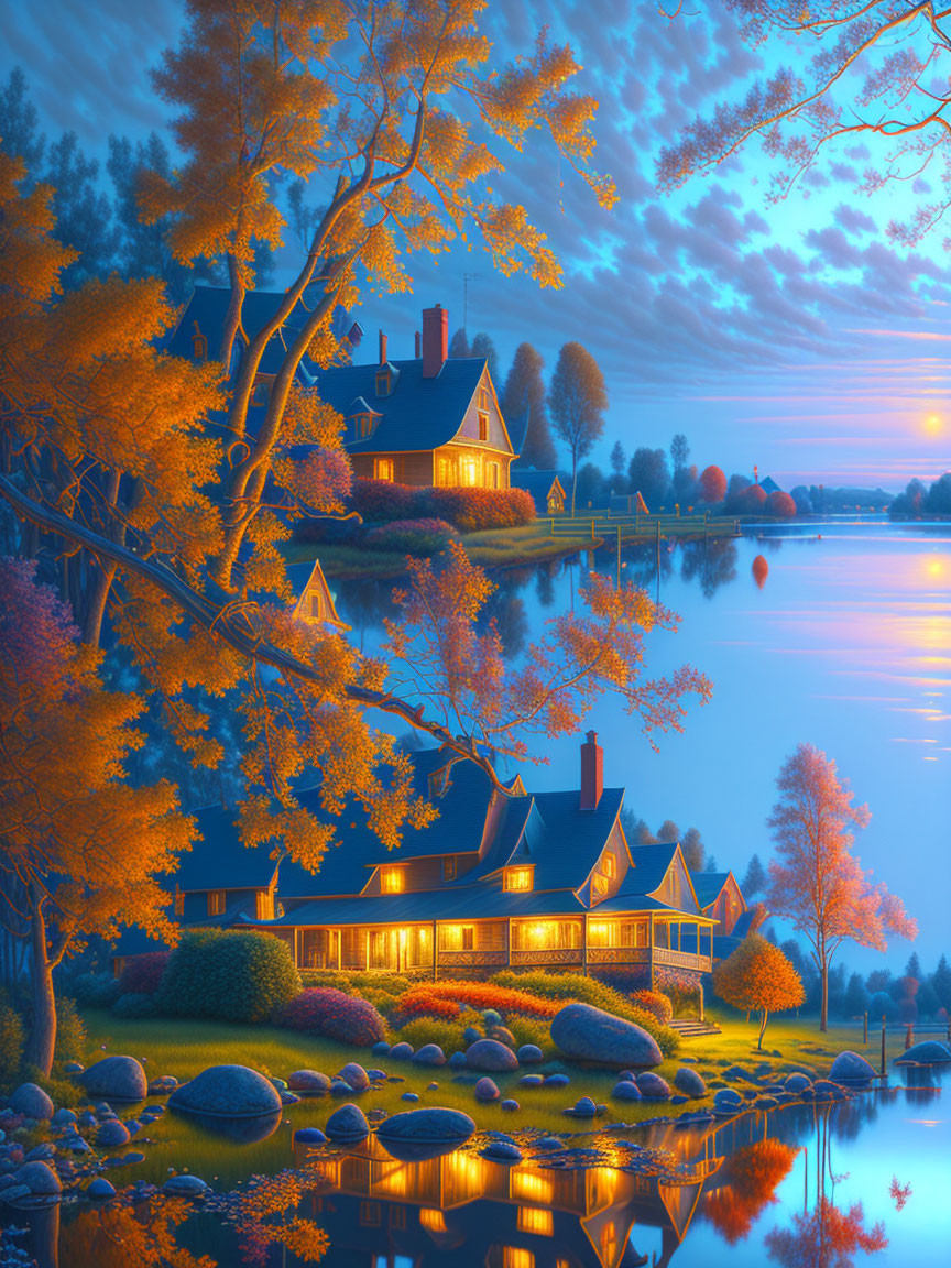 Tranquil riverside scene at dusk with warmly lit houses and autumn trees reflected in calm water under